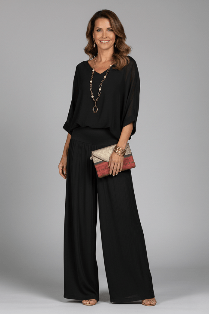 Natalie Chiffon Wide-Leg Women's Two-Piece Co-Ord Set with Draped Top