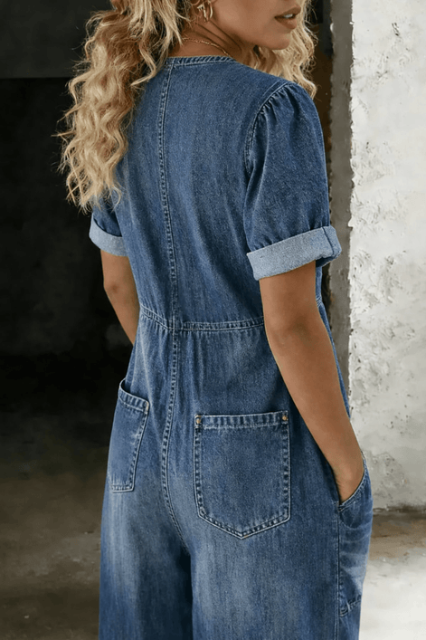Maya Tie-Front Wide-Leg Denim Jumpsuit with Pockets