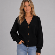Women's Chunky Ribbed Knitted Cardigan with V-Neck and Button Front