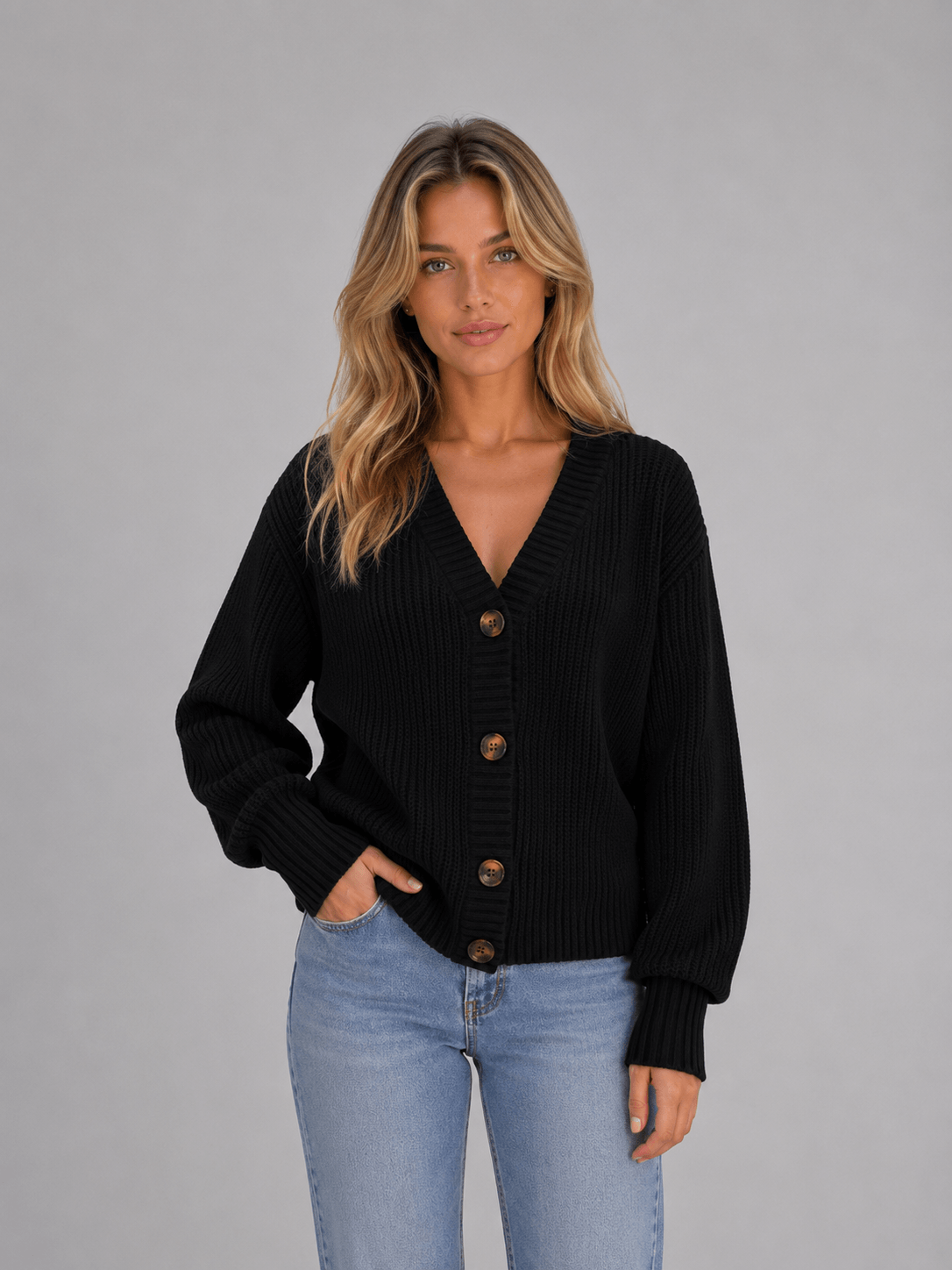 Women's Chunky Ribbed Knitted Cardigan with V-Neck and Button Front