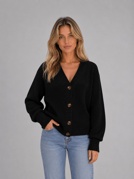 Women's Chunky Ribbed Knitted Cardigan with V-Neck and Button Front