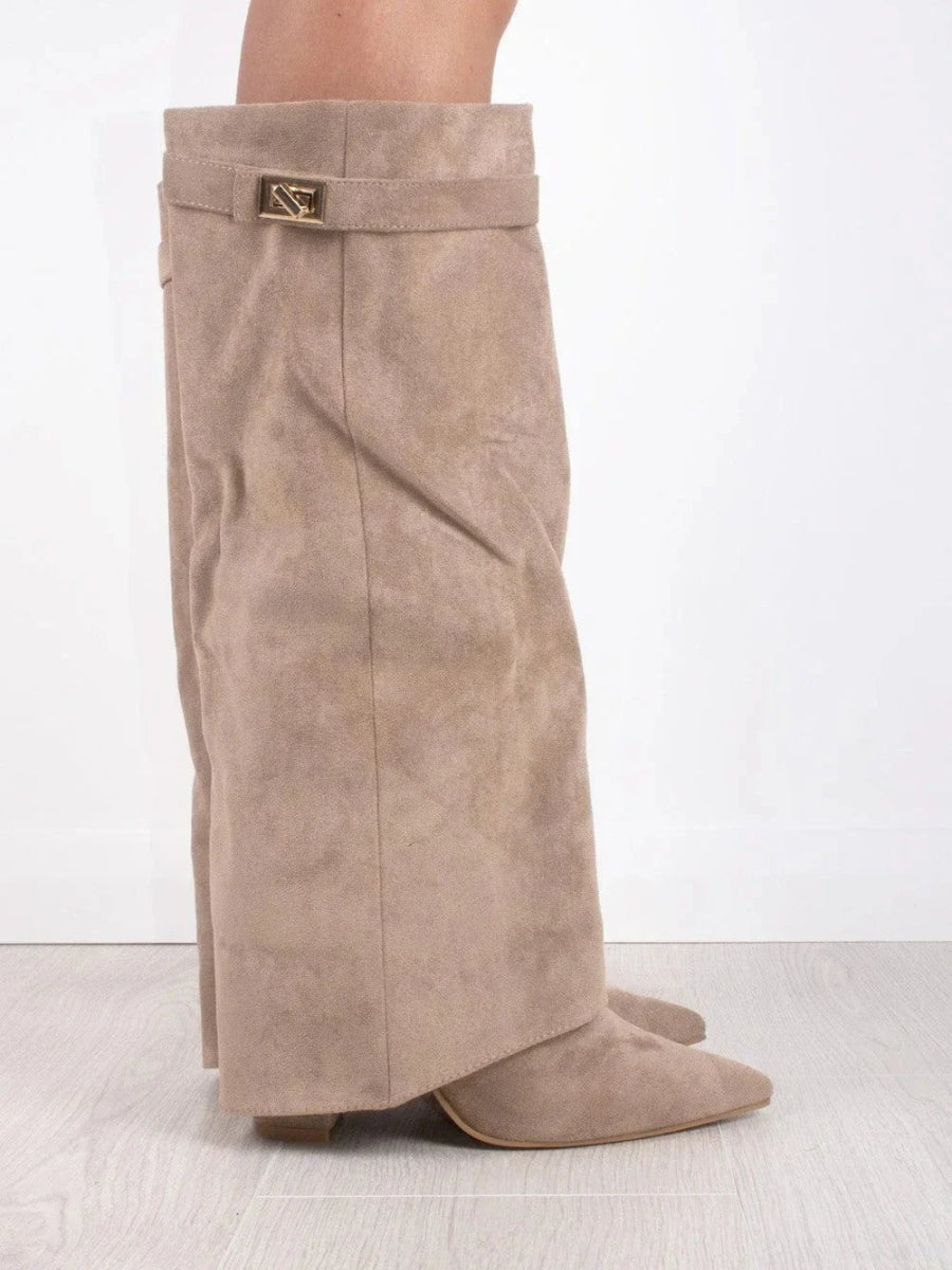 Fold-Over Pointed Toe Knee-High Suede Boots with Structured Fit for Women