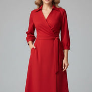 Long Sleeve Wrap Midi Dress in Polyester Blend for Christmas Party Occasions