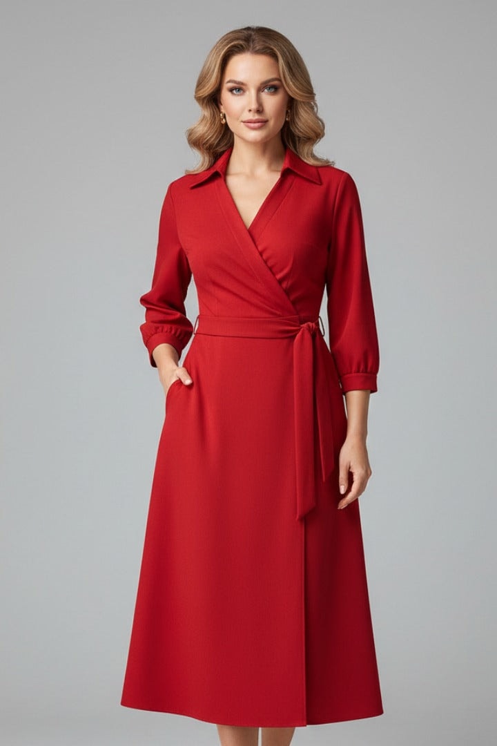 Long Sleeve Wrap Midi Dress in Polyester Blend for Christmas Party Occasions