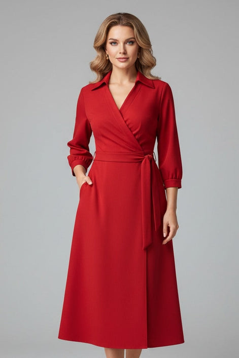 Long Sleeve Wrap Midi Dress in Polyester Blend for Christmas Party Occasions
