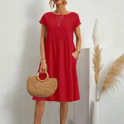Casual Cotton Midi Shift Christmas Party Dress with Pockets for Autumn Wear