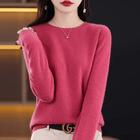 Crew Neck Cashmere Sweater with Ribbed Cuffs in Solid Pattern for Women