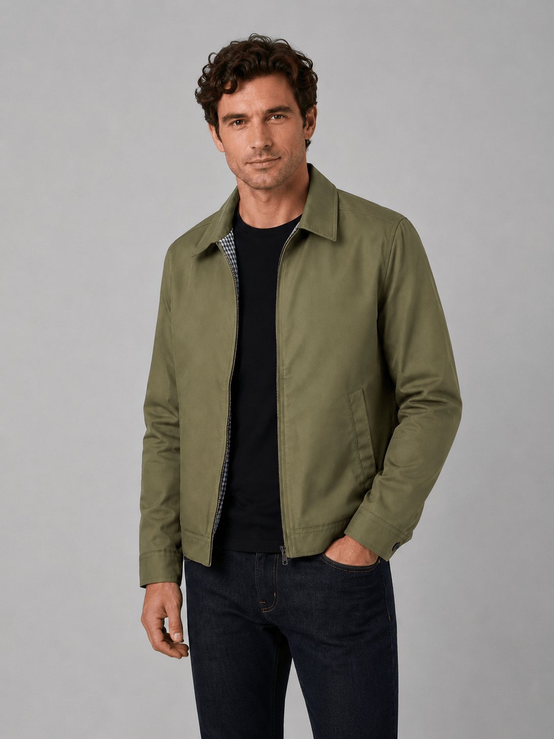 Lightweight Full Zip Mens Jacket with Checked Lining and Point Collar