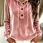 Women's Long-Sleeve Velvet Hoodie with Button Placket and Drawstring