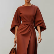 Belted Satin Midi Dress with Draped Skirt for Christmas Parties