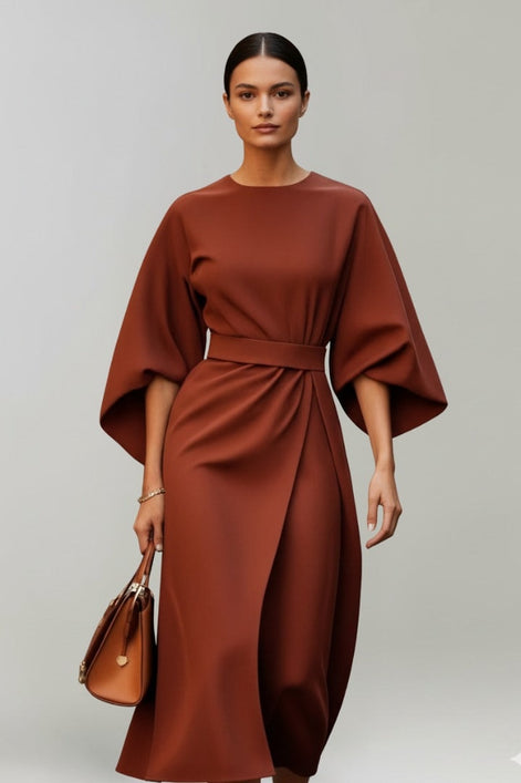 Belted Satin Midi Dress with Draped Skirt for Christmas Parties