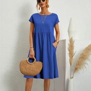 Casual Cotton Midi Shift Christmas Party Dress with Pockets for Autumn Wear