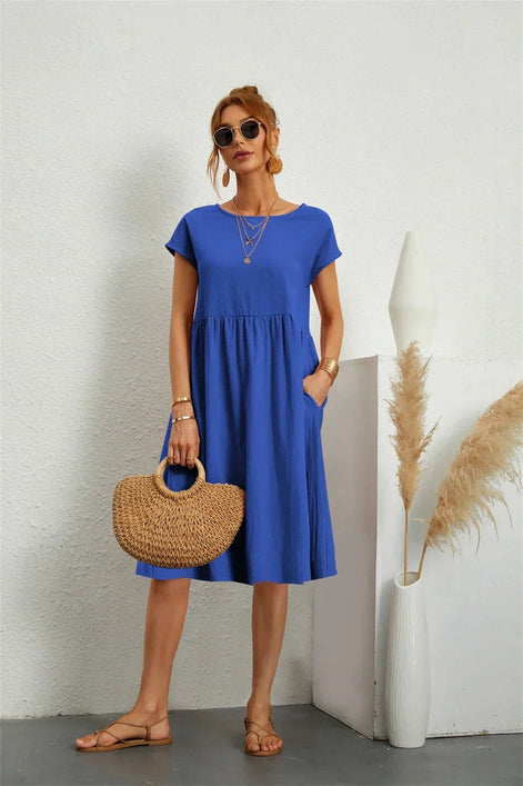 Casual Cotton Midi Shift Christmas Party Dress with Pockets for Autumn Wear
