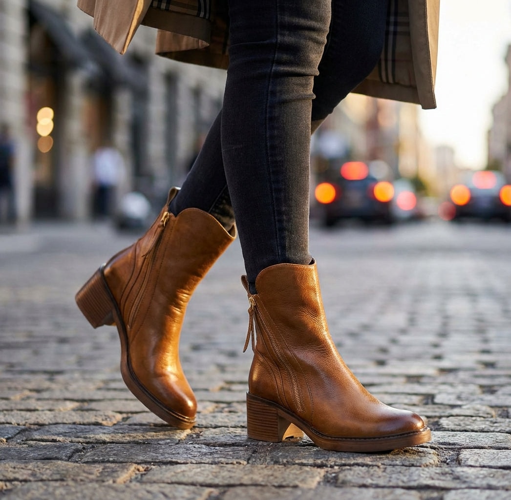 Bellora Zip-Detail Leather Ankle Boots for Women with Block Heel
