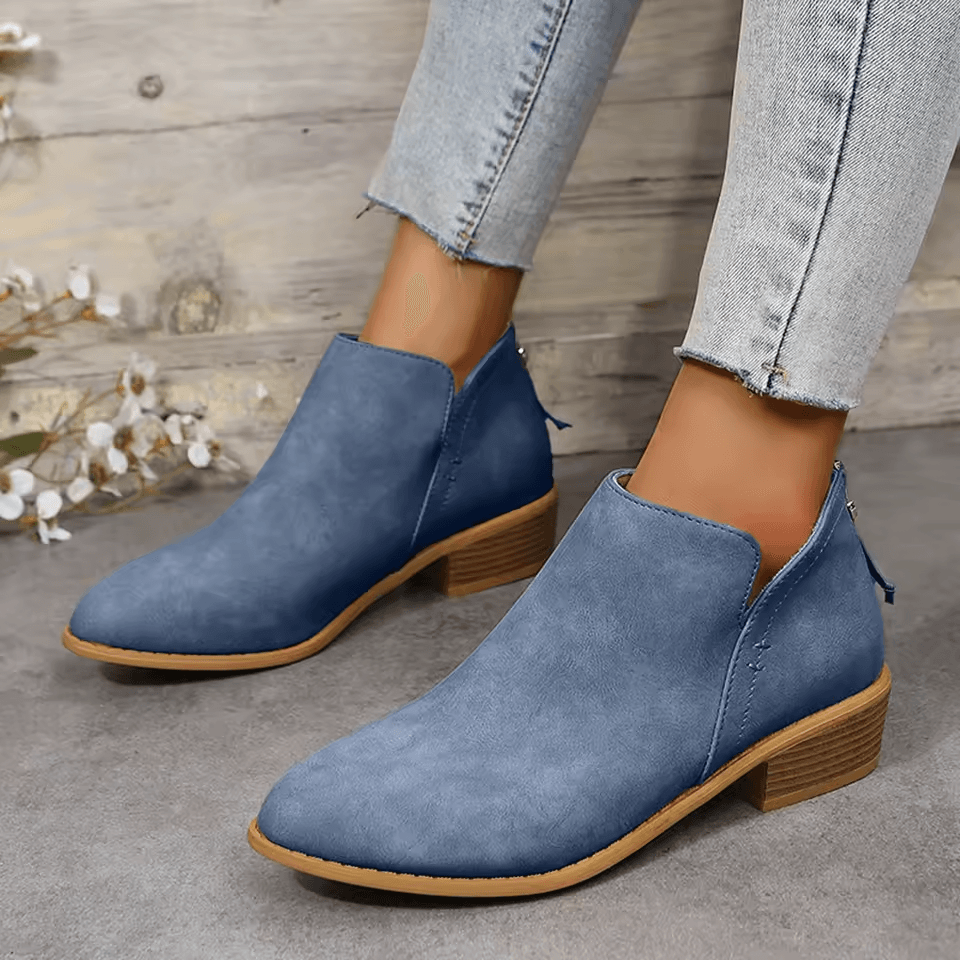 Ankle Low Heel Slip On Womens Boots with Back Zip Detail