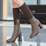 Women's Stretch Knit Block Heel Boots with Side Zip and Faux Leather Trim