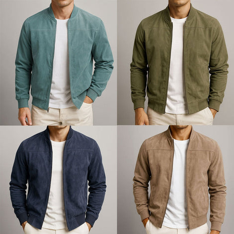 Men's Faux Suede Bomber Jacket with Ribbed Trim