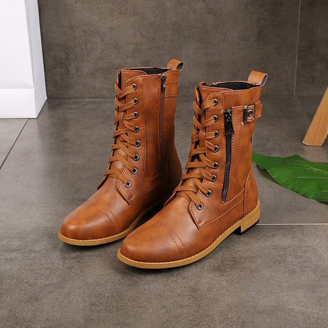Hazel Faux Leather Combat Boots with Side Zip and Buckle Detail for Women