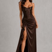 Draped Satin Ruched-Waist Women's Midi Dress with Side Split
