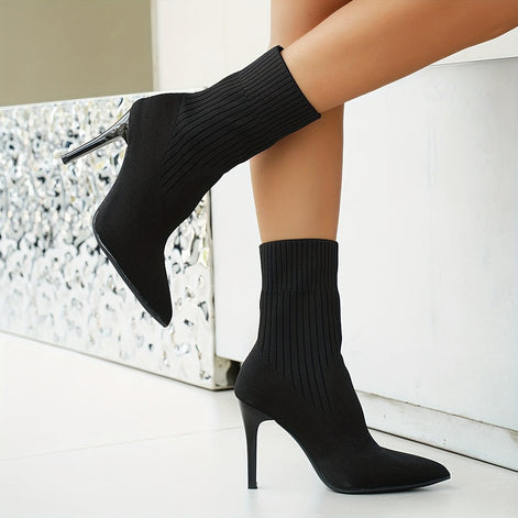 Pointed-Toe Ribbed Knit Women's Ankle Boots with Stiletto Heel