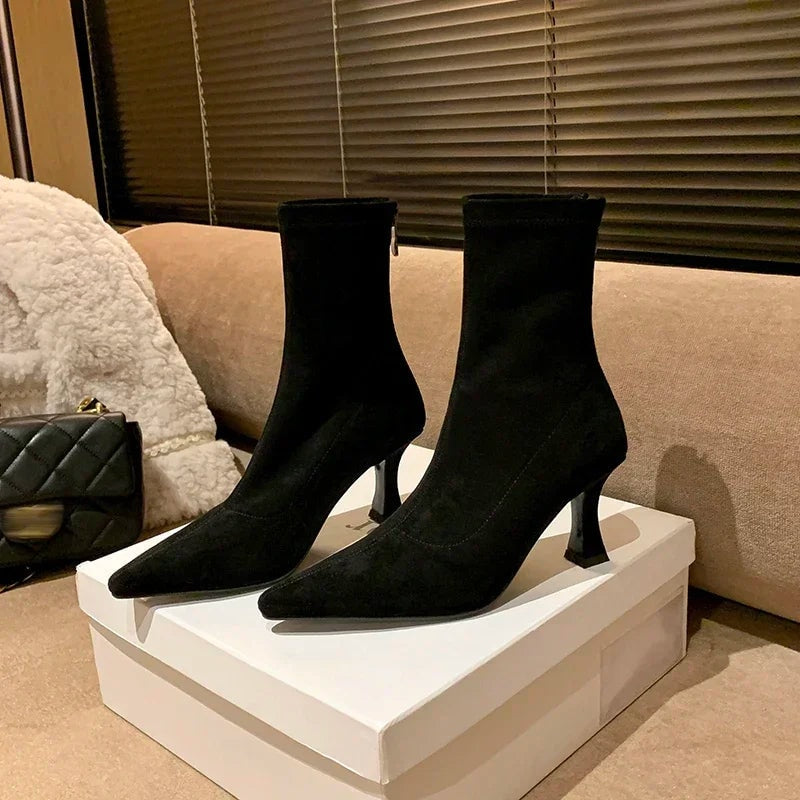 Doris Women's Pointed Toe Sock Boots with Kitten Heel