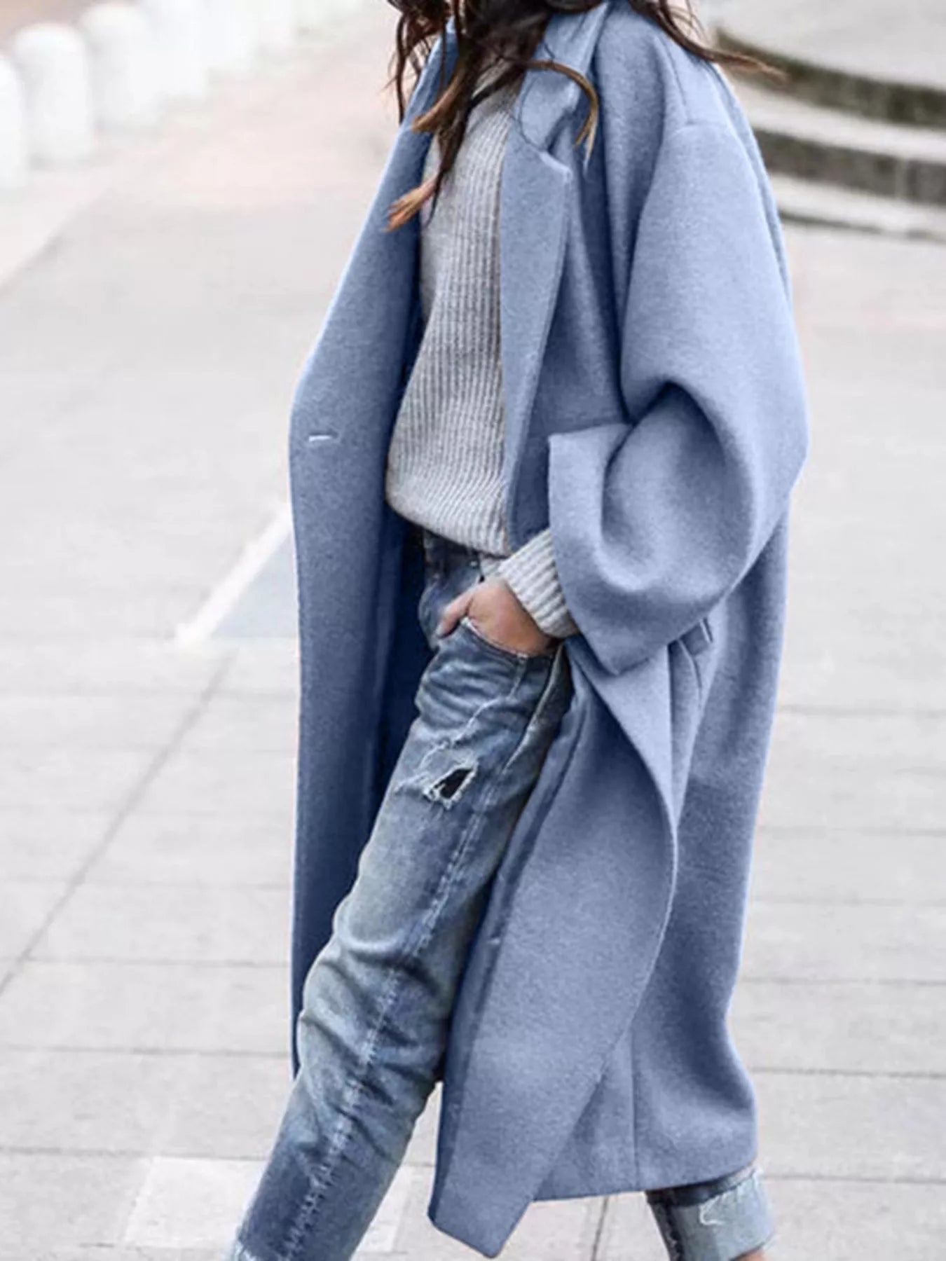 Oversized Long Winter Coat with Wide Sleeves in Wool Blend