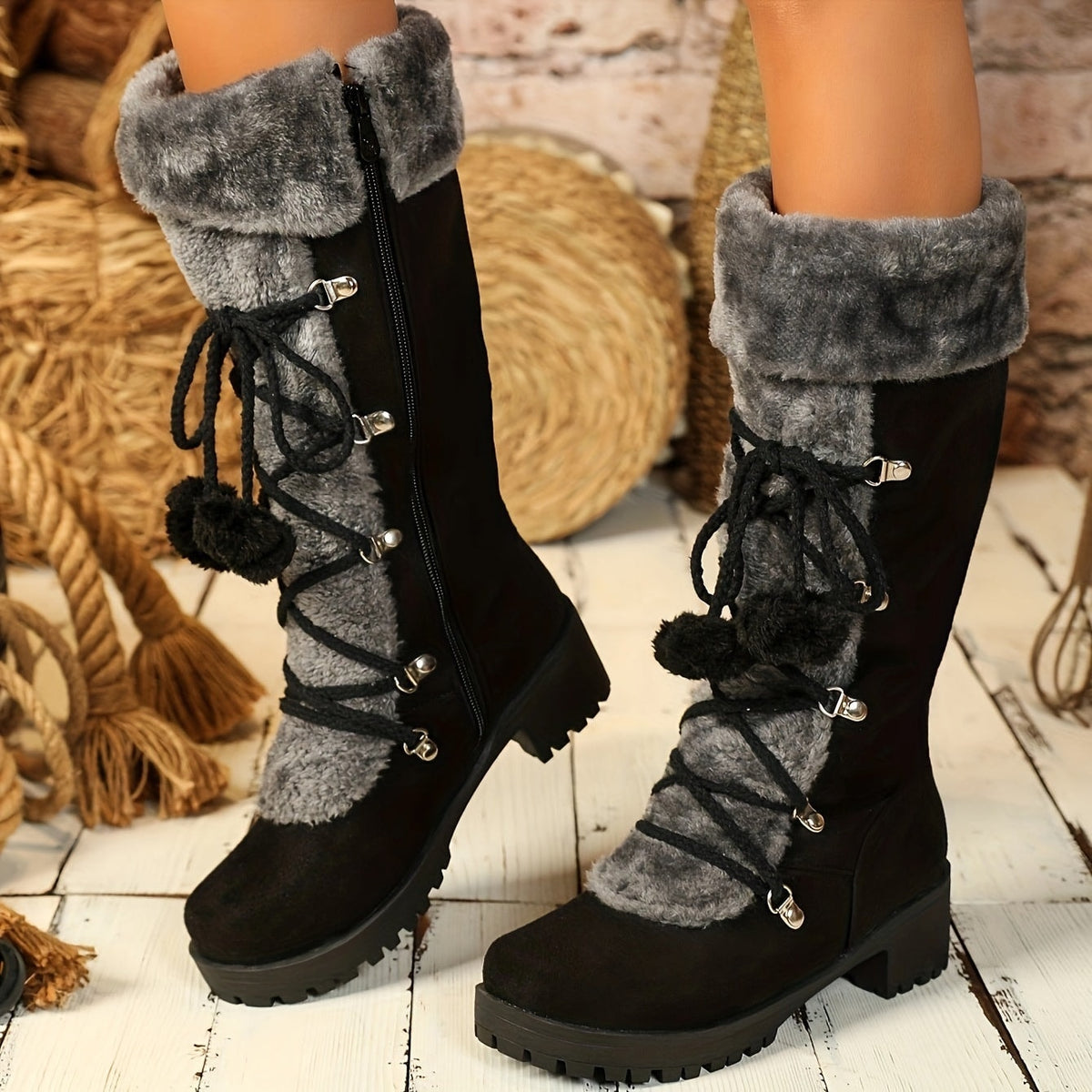 Women's Black Faux Suede Mid-Calf Boots with Faux Fur Trim and Pom-Pom Lace-Up Detail