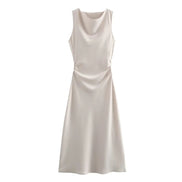 Satin Cowl Neck Midi Christmas Dress with Solid Pattern