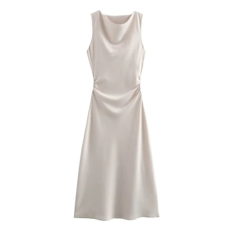 Satin Cowl Neck Midi Christmas Dress with Solid Pattern