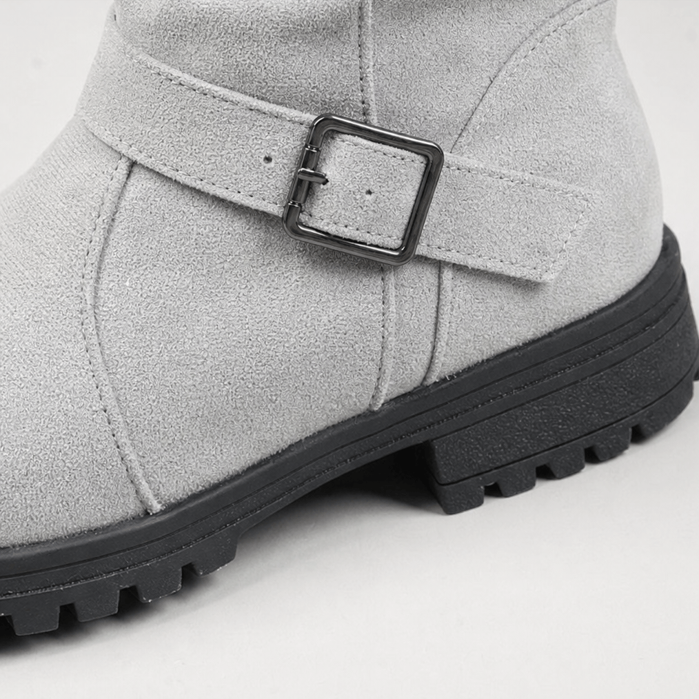 Women's Ribbed Cuff Lug Sole Slouch Boots with Buckle Detail