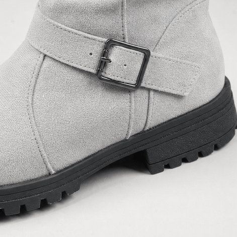 Women's Ribbed Cuff Lug Sole Slouch Boots with Buckle Detail