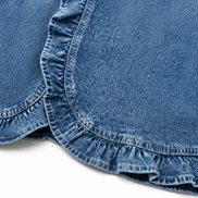 Ruffle-Trim Open-Front Denim Jacket with Puff Shoulders