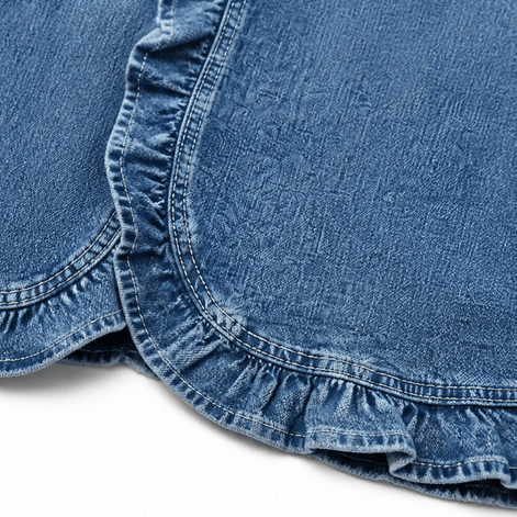 Ruffle-Trim Open-Front Denim Jacket with Puff Shoulders