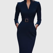 Long Sleeve Belted Bodycon Christmas Dress with Stand Collar
