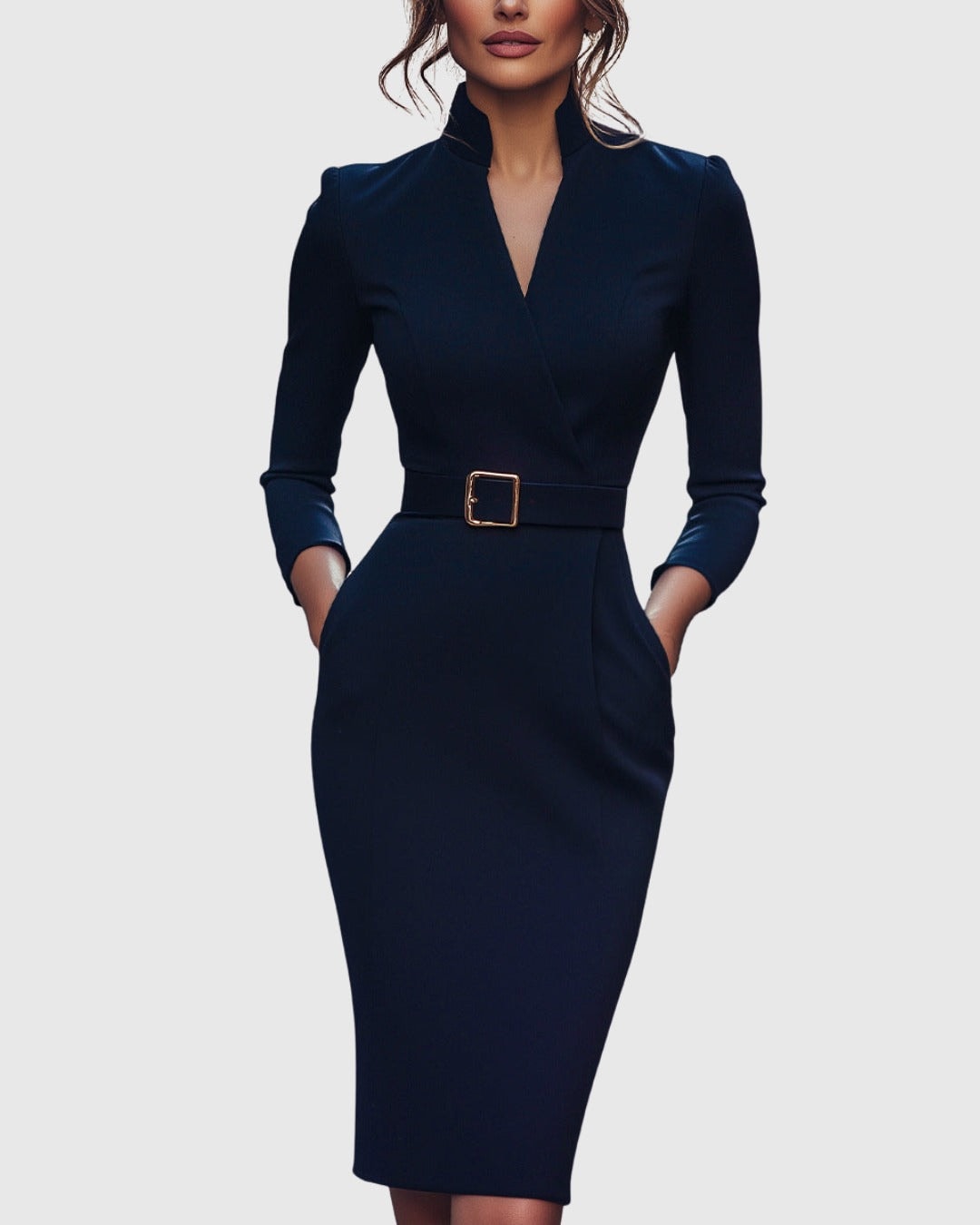 Long Sleeve Belted Bodycon Christmas Dress with Stand Collar