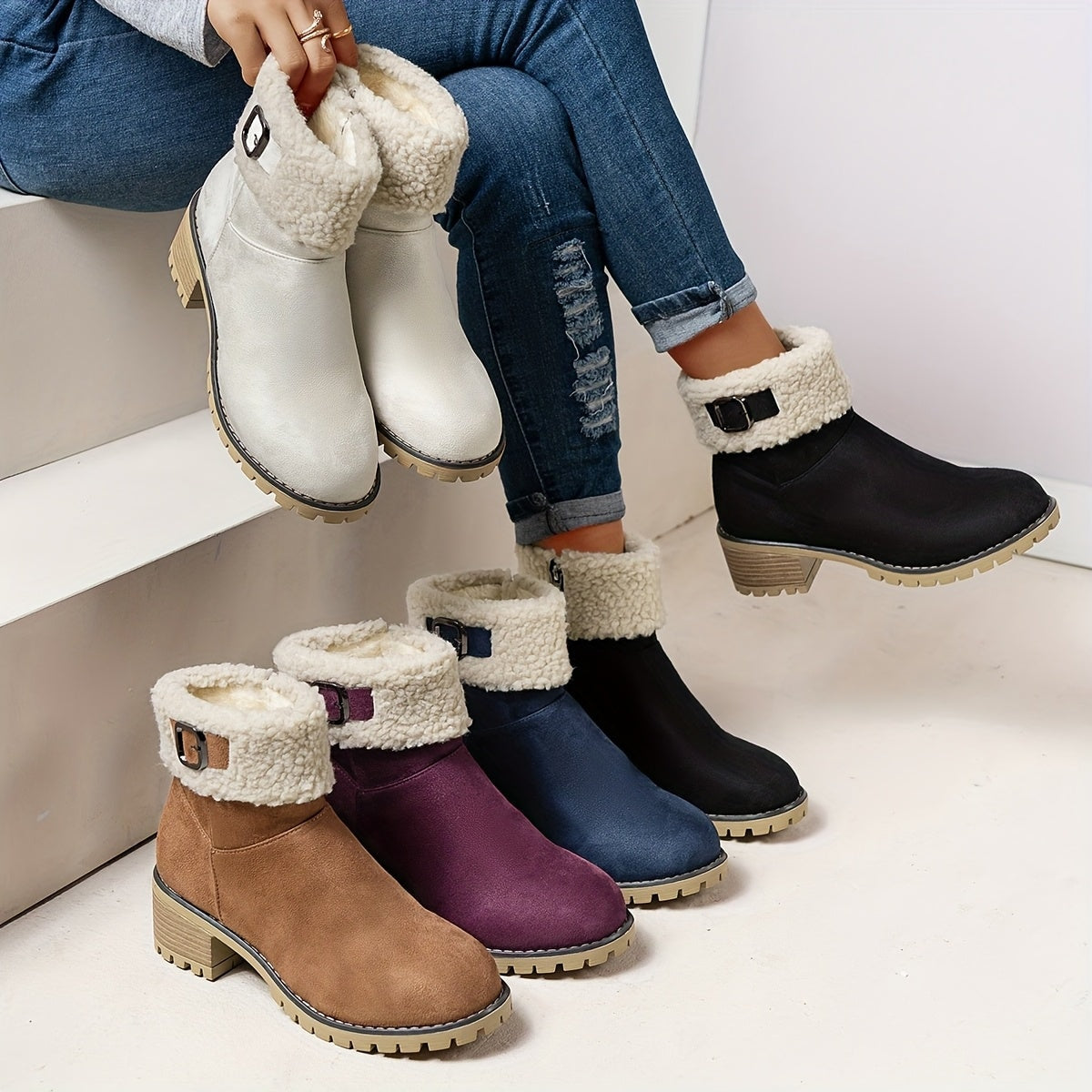 Women's Faux Suede Ankle Boots with Shearling Cuff and Block Heel