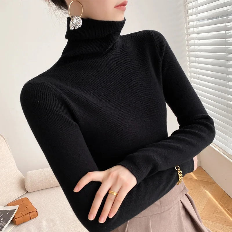 Ribbed Turtleneck Knitted Jumper for Ladies