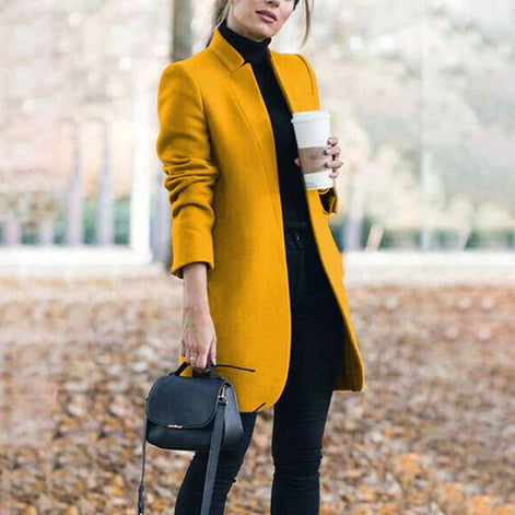 Leanne Collarless Long Wool Blend Winter Coats Women Open Front