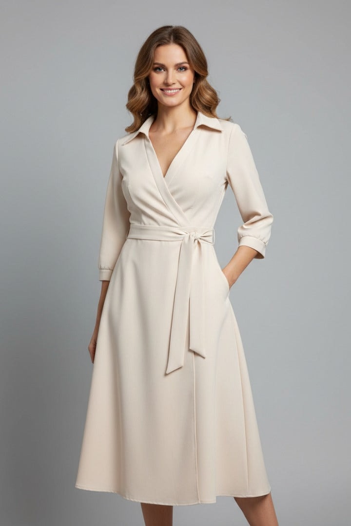 Long Sleeve Wrap Midi Dress in Polyester Blend for Christmas Party Occasions