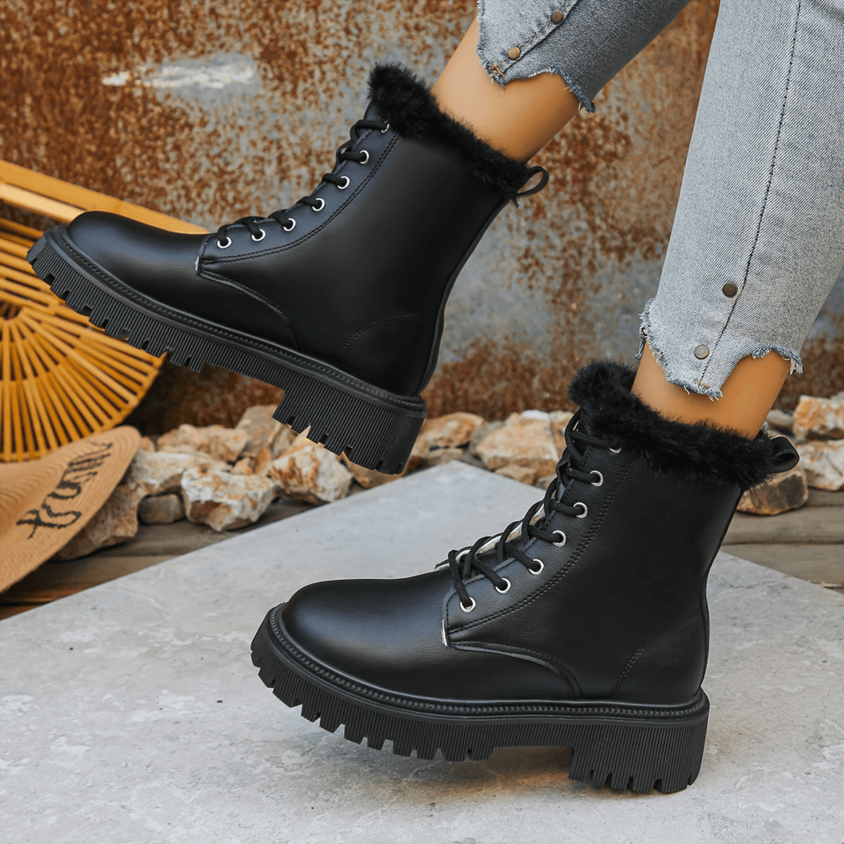 Faux Fur-Trimmed Lace-Up Platform Boots for Women with Lug Sole
