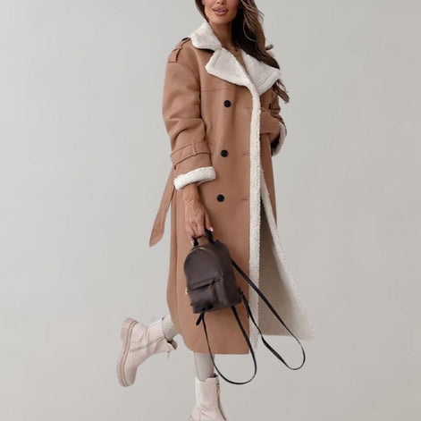 Long Belted Teddy Collar Faux Leather Winter Coats for Women