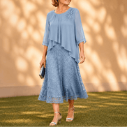 Elavine Lace Overlay Chiffon Women's Midi Dress with Sheer Sleeves