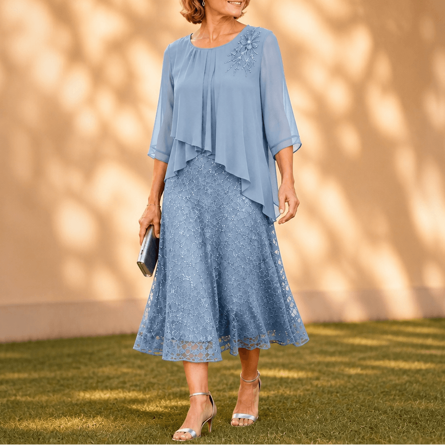 Elavine Lace Overlay Chiffon Women's Midi Dress with Sheer Sleeves