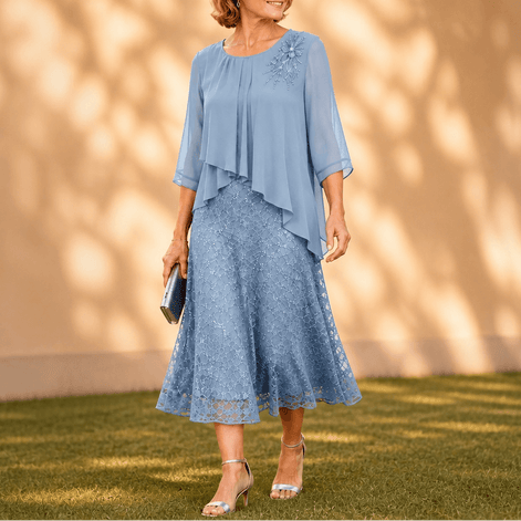 Elavine Lace Overlay Chiffon Women's Midi Dress with Sheer Sleeves