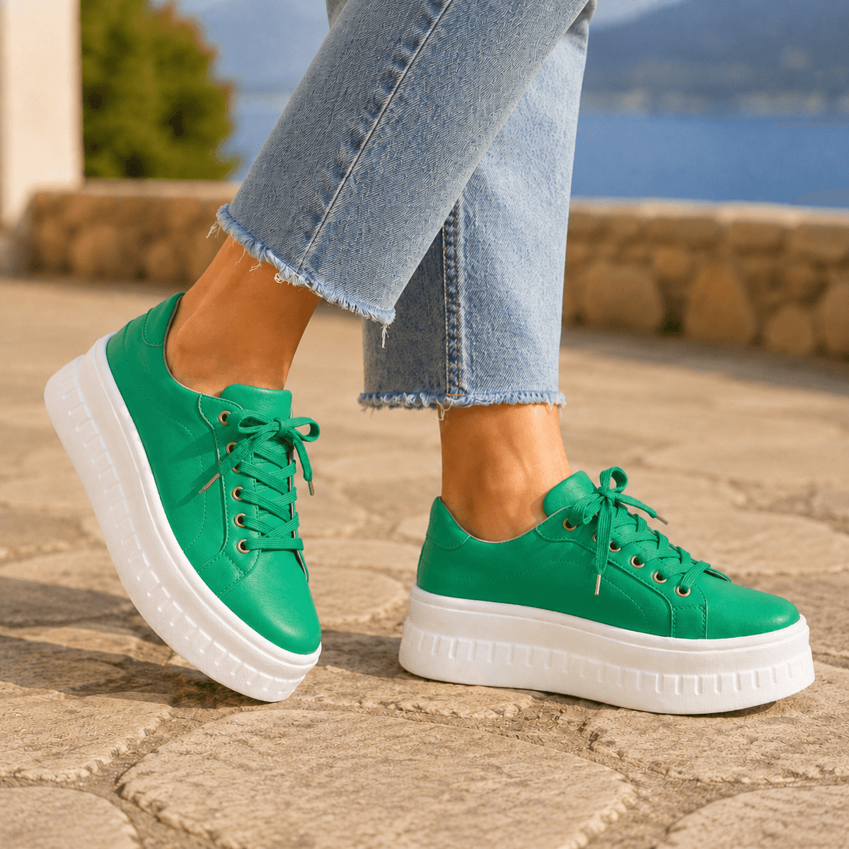 Women's Platform Cushioned Sneakers with Lace-Up Closure
