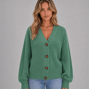 Women's Chunky Ribbed Knitted Cardigan with V-Neck and Button Front