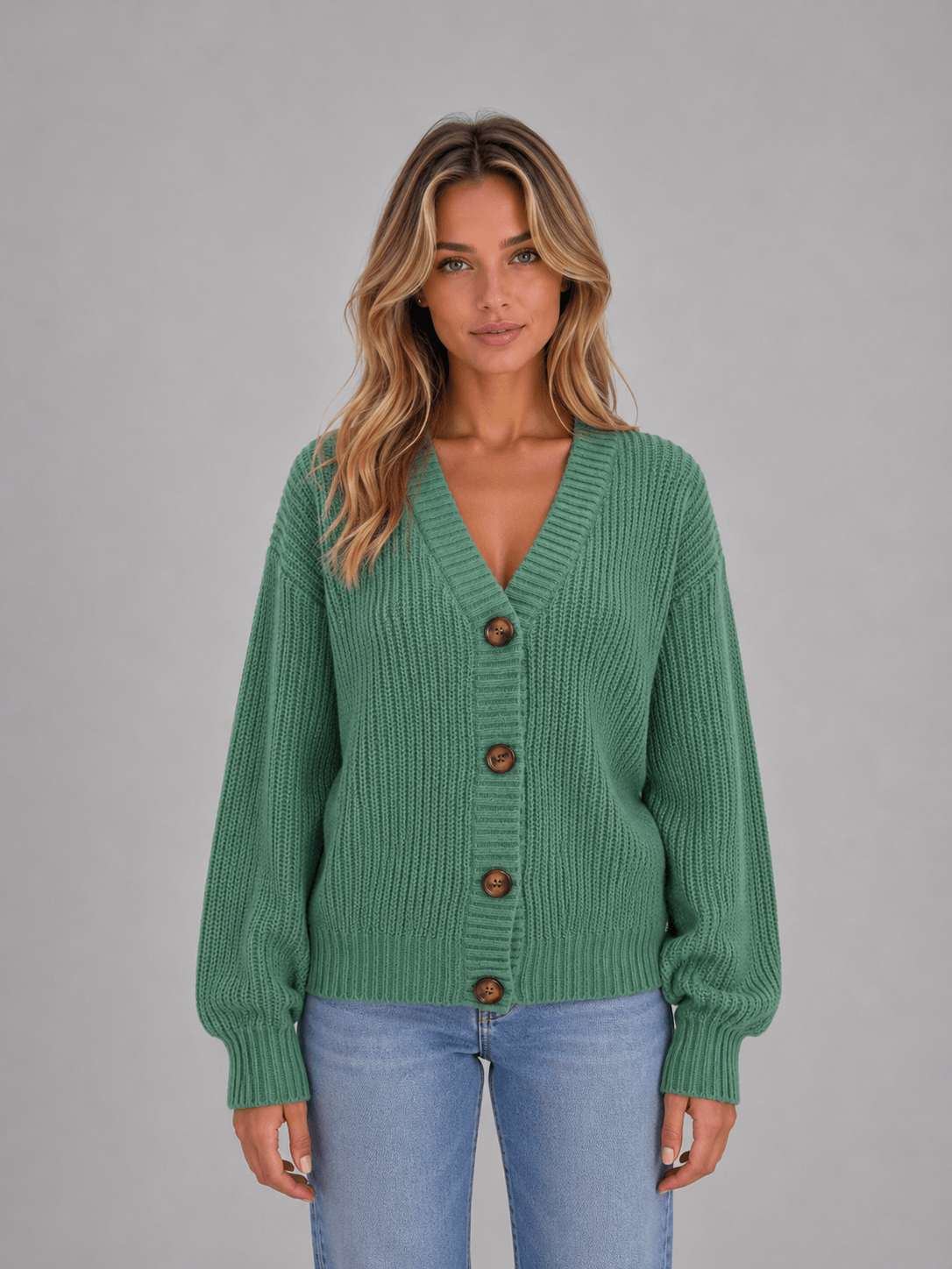 Women's Chunky Ribbed Knitted Cardigan with V-Neck and Button Front