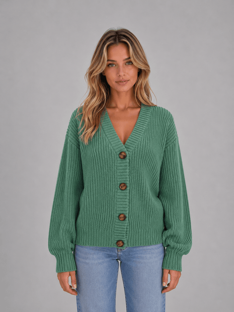Women's Chunky Ribbed Knitted Cardigan with V-Neck and Button Front