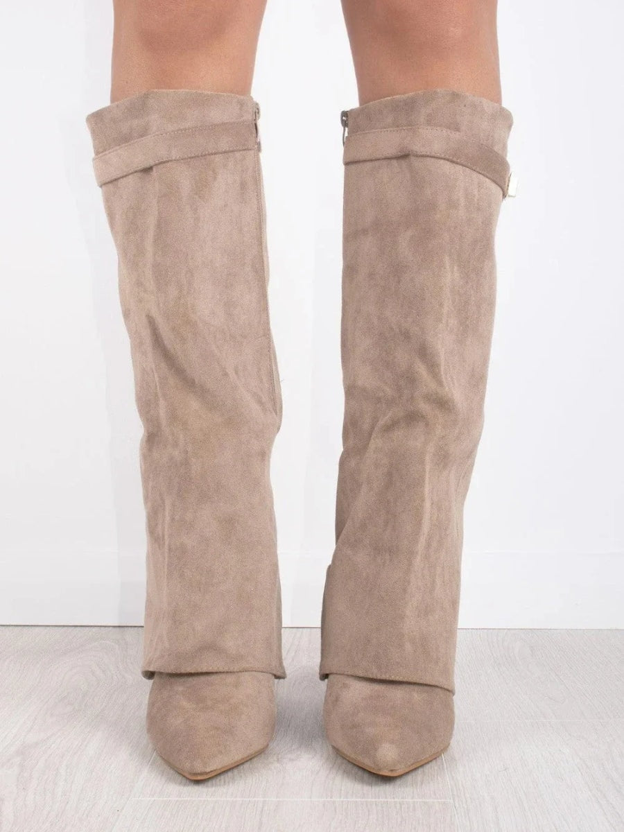 Suede Fold-Over Boots with Gold Buckle Detail for Women