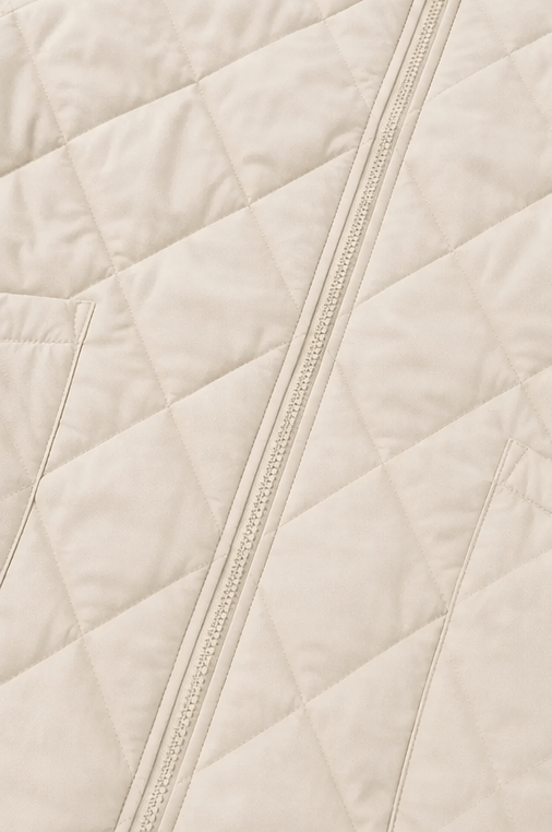 Women's Quilted Puffer Jacket with Knit Panel Trim at Waist and Cuffs